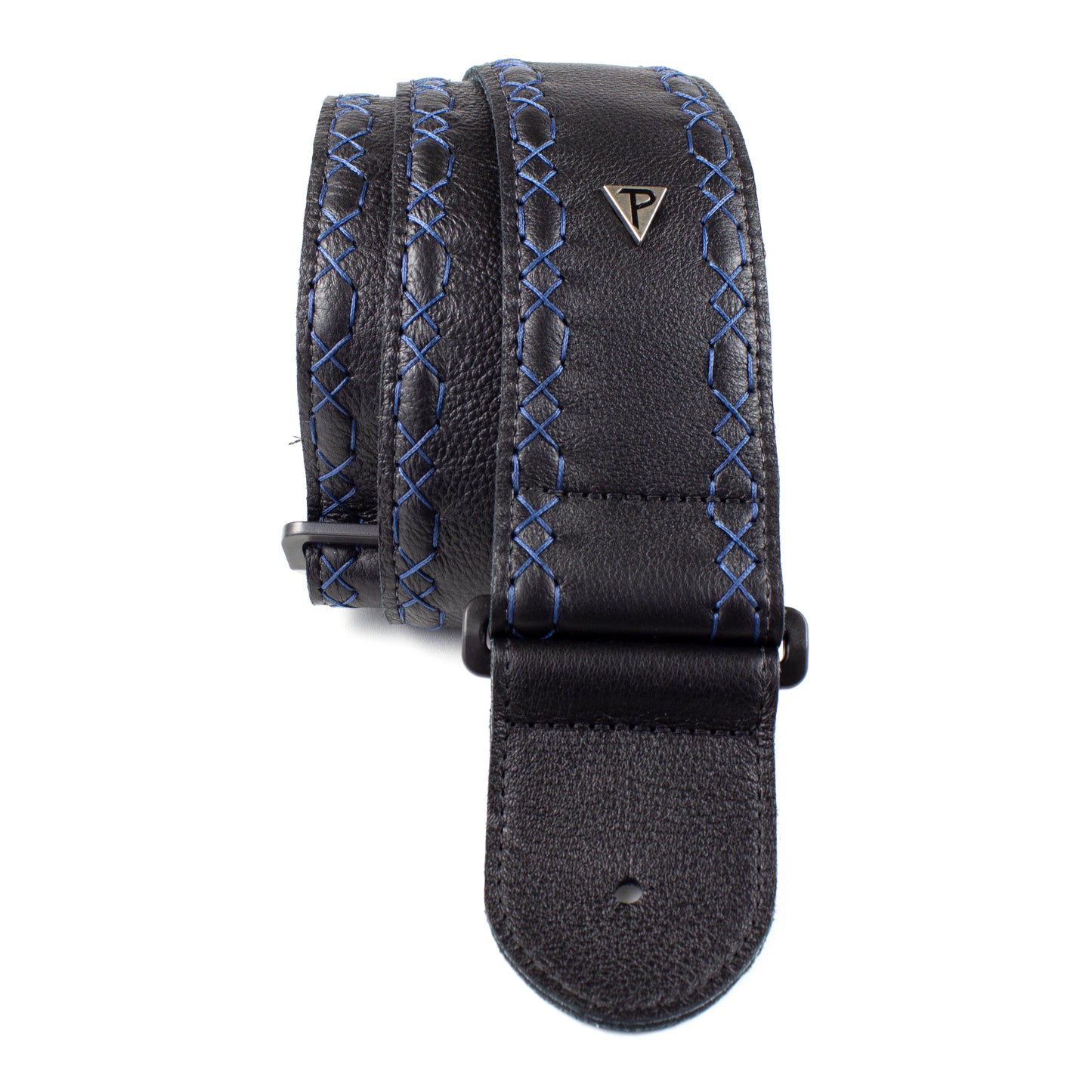 BLACK SOFT GLOVE LEATHER WITH BLUE FANCY STITCH GUITAR STRAP