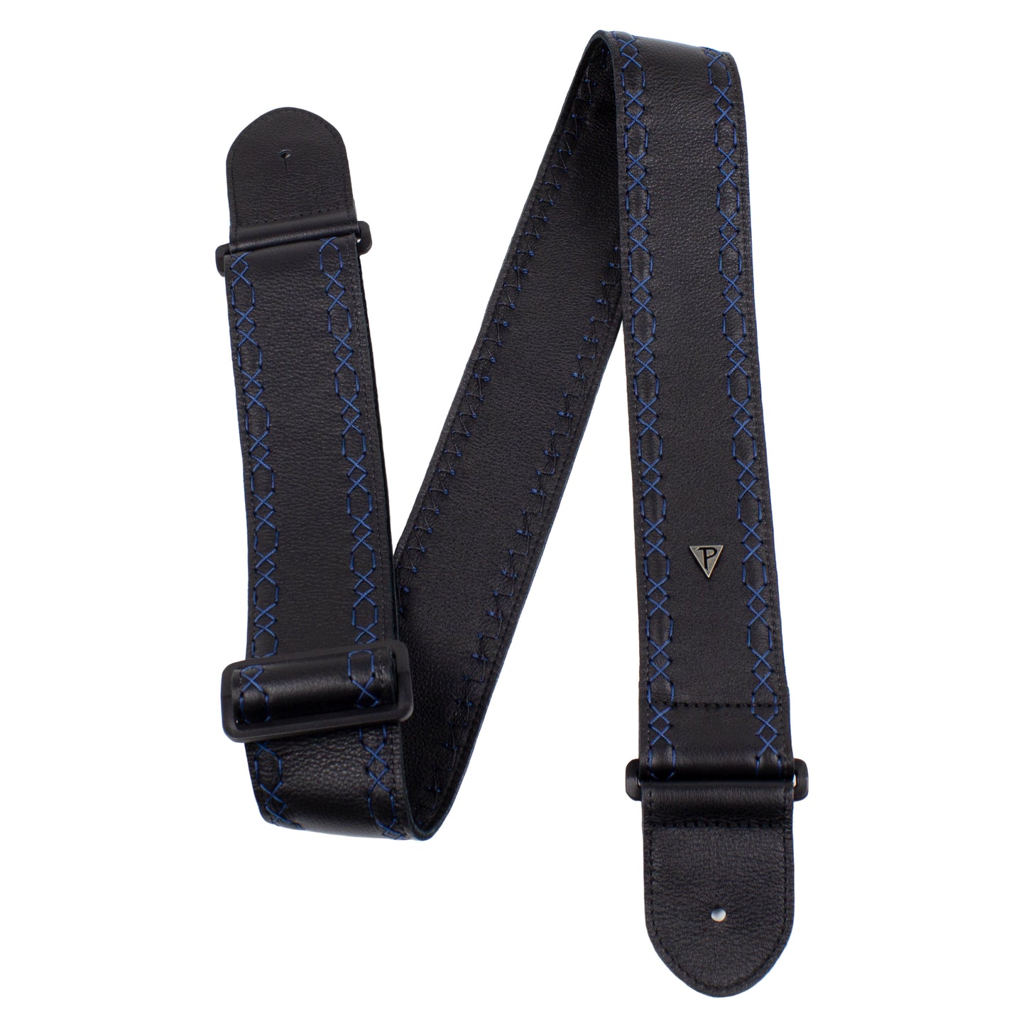 BLACK SOFT GLOVE LEATHER WITH BLUE FANCY STITCH GUITAR STRAP
