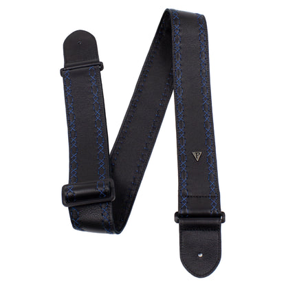 BLACK SOFT GLOVE LEATHER WITH BLUE FANCY STITCH GUITAR STRAP