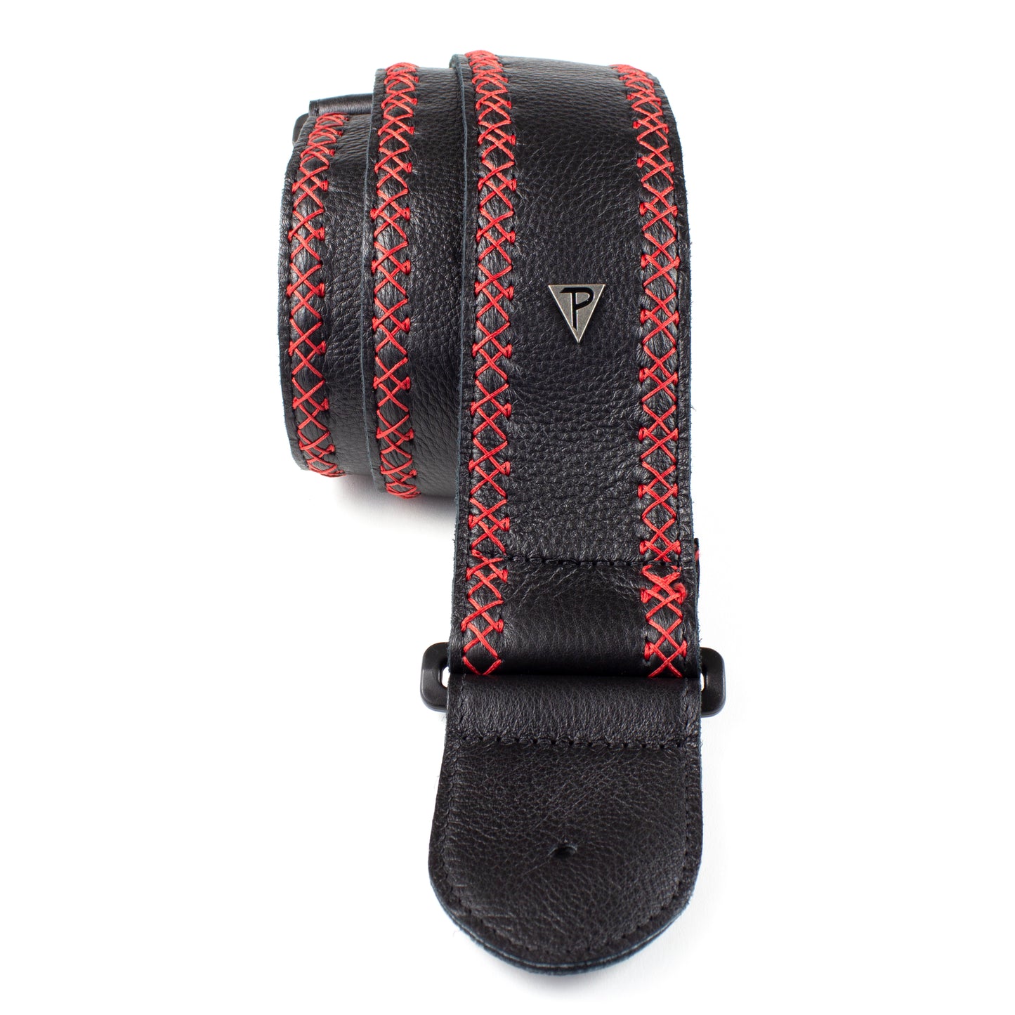BLACK SOFT GLOVE LEATHER WITH RED FANCY STITCH GUITAR STRAP