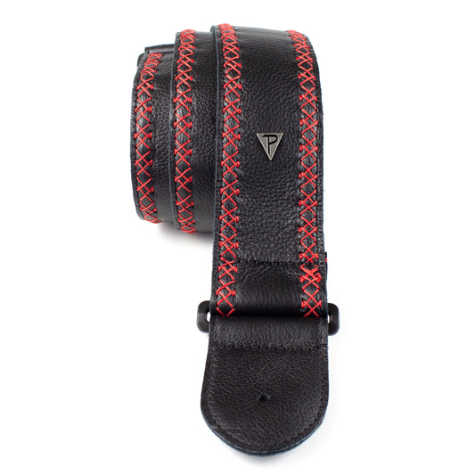 BLACK SOFT GLOVE LEATHER WITH RED FANCY STITCH GUITAR STRAP