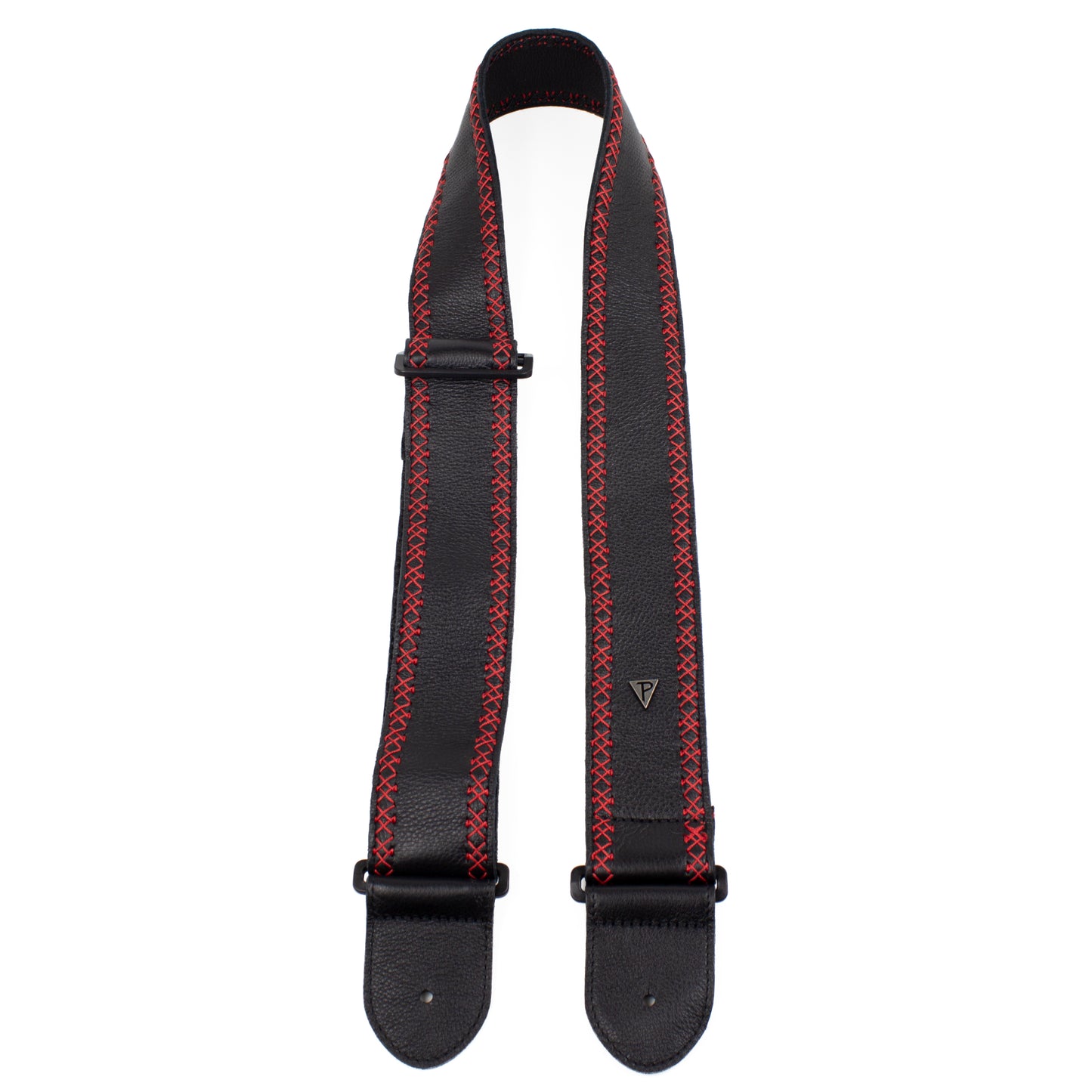 BLACK SOFT GLOVE LEATHER WITH RED FANCY STITCH GUITAR STRAP