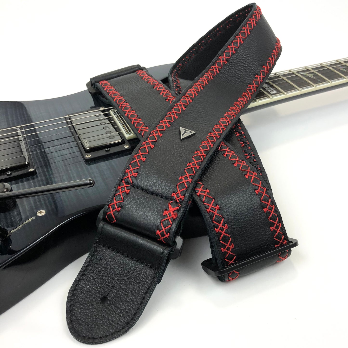 BLACK SOFT GLOVE LEATHER WITH RED FANCY STITCH GUITAR STRAP