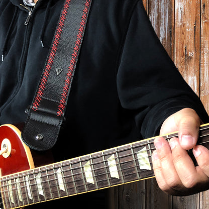 BLACK SOFT GLOVE LEATHER WITH RED FANCY STITCH GUITAR STRAP