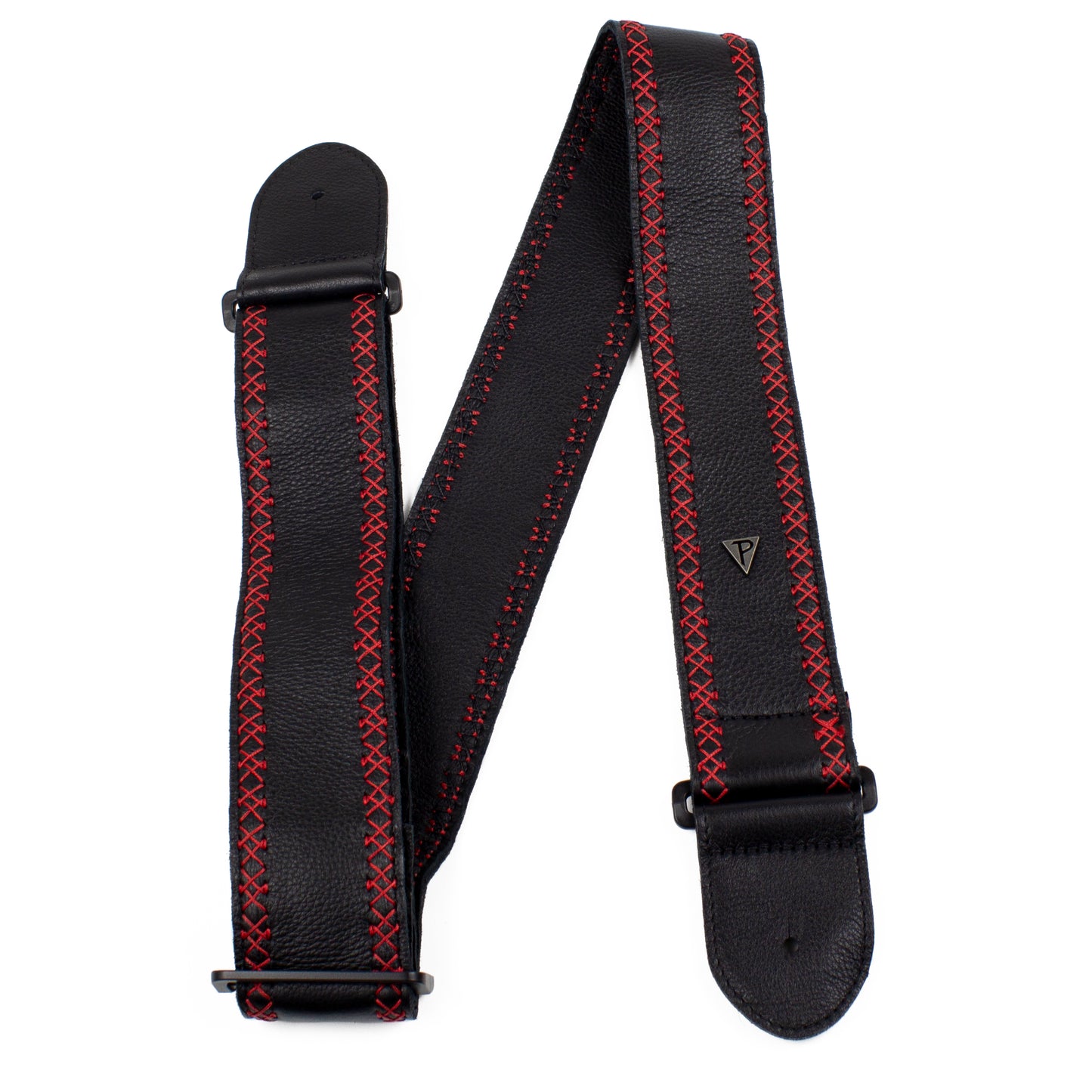 BLACK SOFT GLOVE LEATHER WITH RED FANCY STITCH GUITAR STRAP
