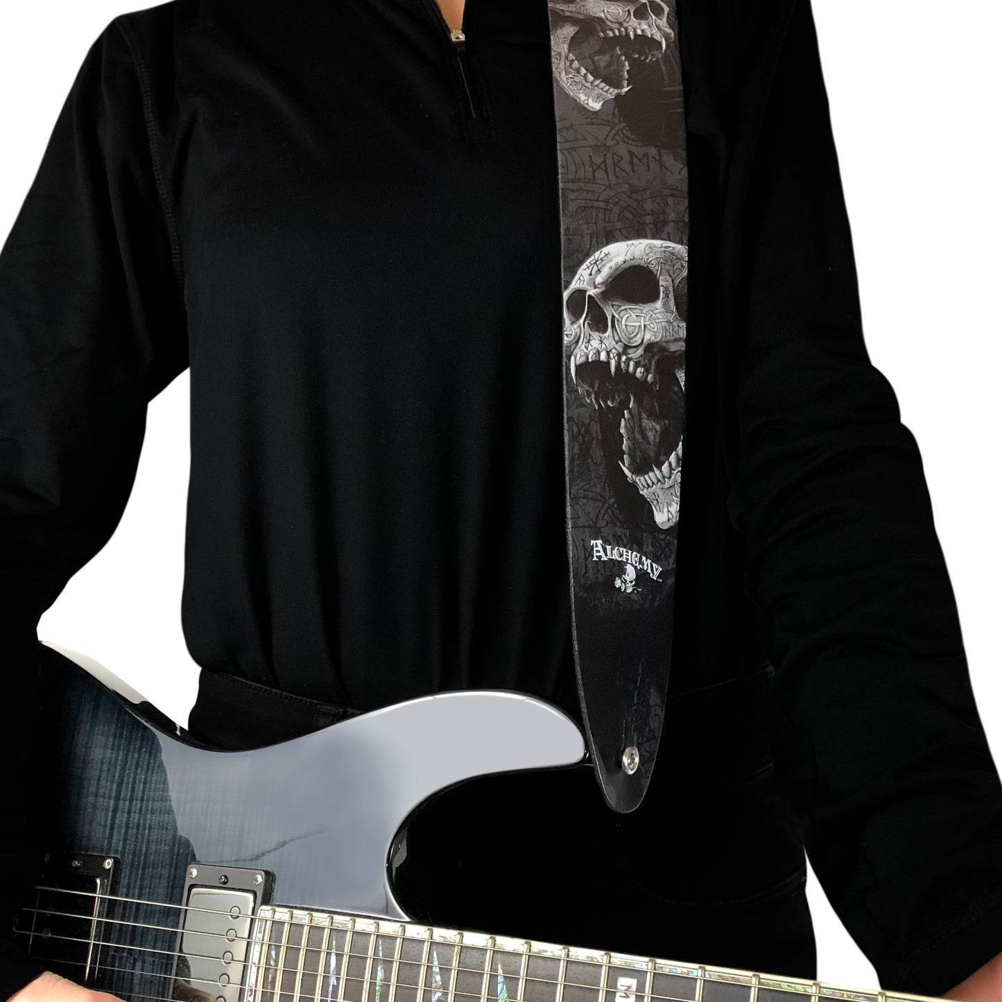 ALCHEMY BERSERKER SKULL PRINTED LEATHER GUITAR STRAP