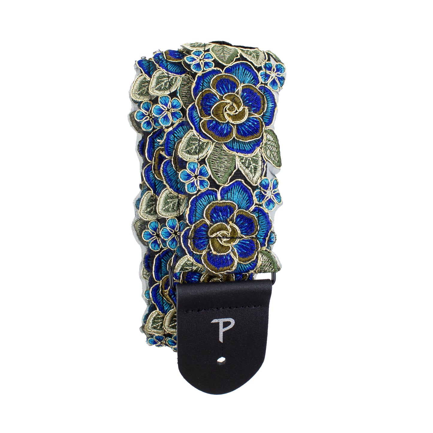 BLUE AND GOLD LACE RIBBON 3D STYLE FLORAL GUITAR STRAP
