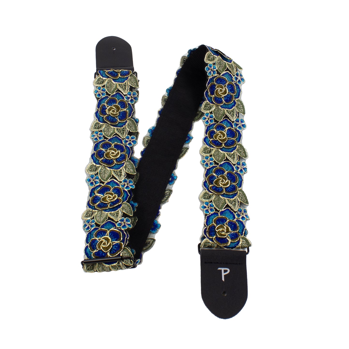 BLUE AND GOLD LACE RIBBON 3D STYLE FLORAL GUITAR STRAP