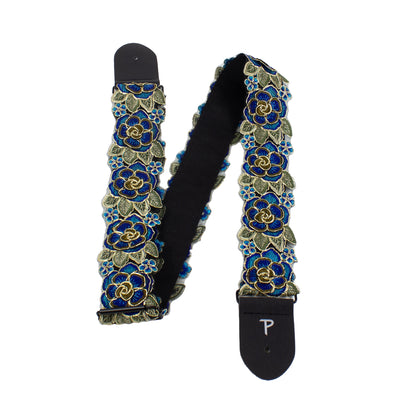 BLUE AND GOLD LACE RIBBON 3D STYLE FLORAL GUITAR STRAP