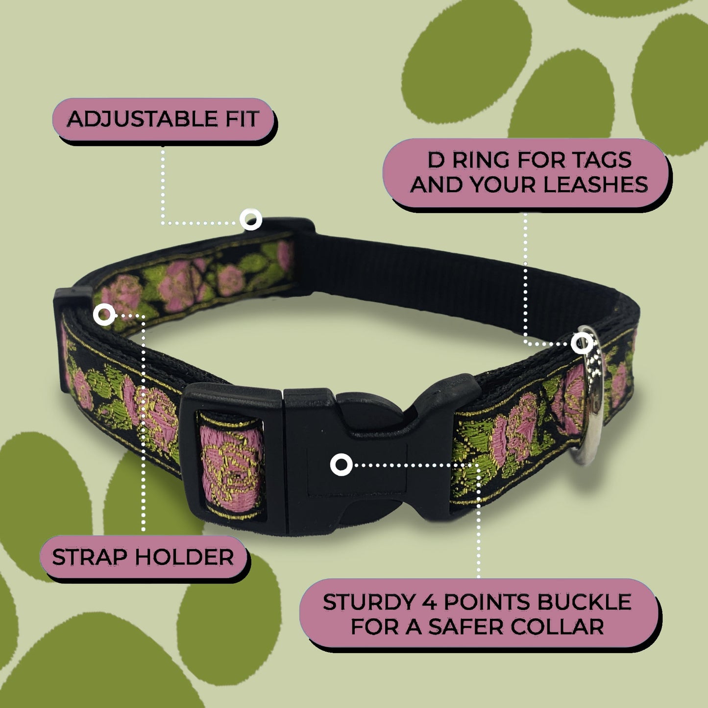 Perri's Pet Products, metallic pink roses jacquard, dog collar