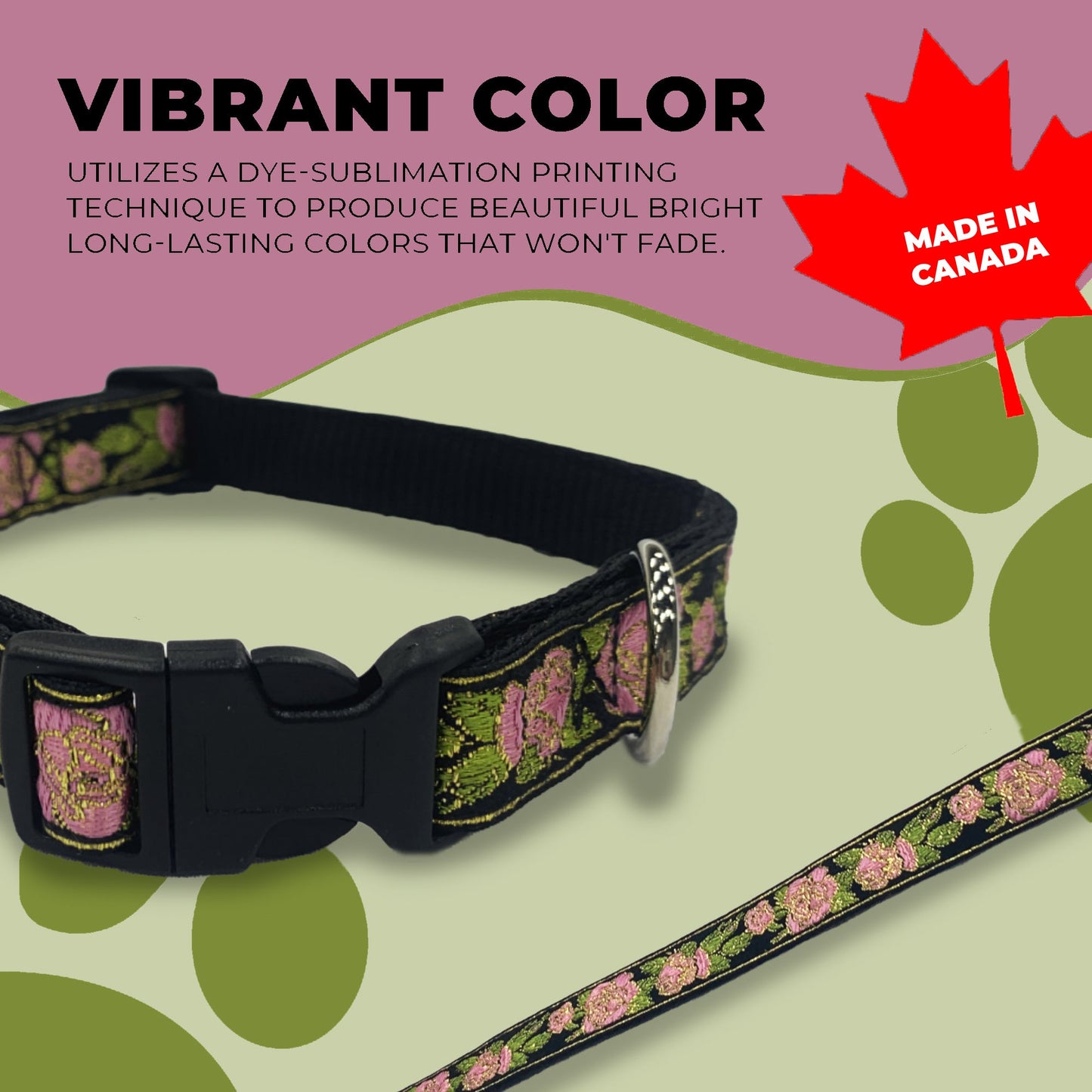 Perri's Pet Products, metallic pink roses jacquard, dog collar