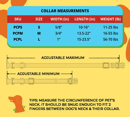 Perri's Pet Products, dog collar, paul frank colourful circles, size chart