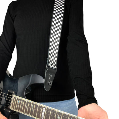 BLACK / WHITE CHECKER DESIGN POLYESTER GUITAR STRAP
