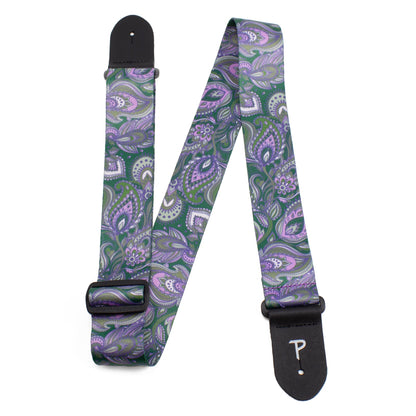 2 PURPLE GREEN PAISLEY PRINTED DESIGN POLYESTER GUITAR STRAP