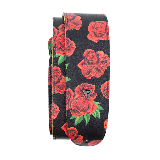 THE BOHO SERIES: DIRECT TO GARMENT LEATHER RED ROSE PRINT Guitar Strap