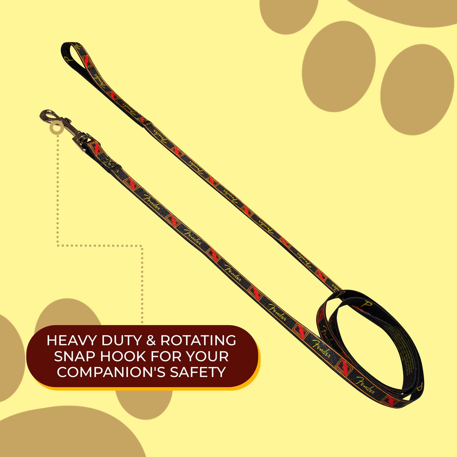 perri's pet products, dog leash, black, yellow and red Fender monogram