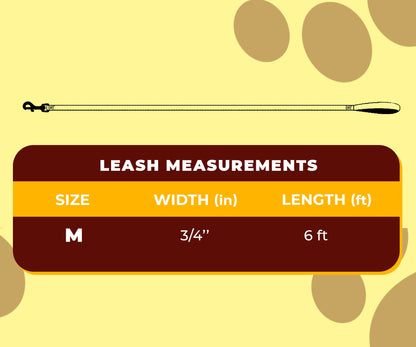 perri's pet products, dog leash, black, yellow and red Fender monogram, size chart