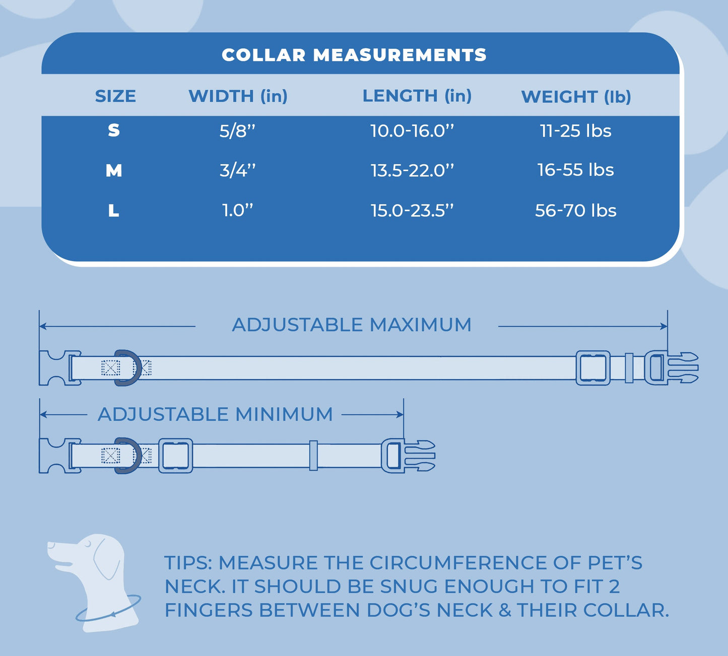 perri's pet products, dog collar, blue lightning, size chart