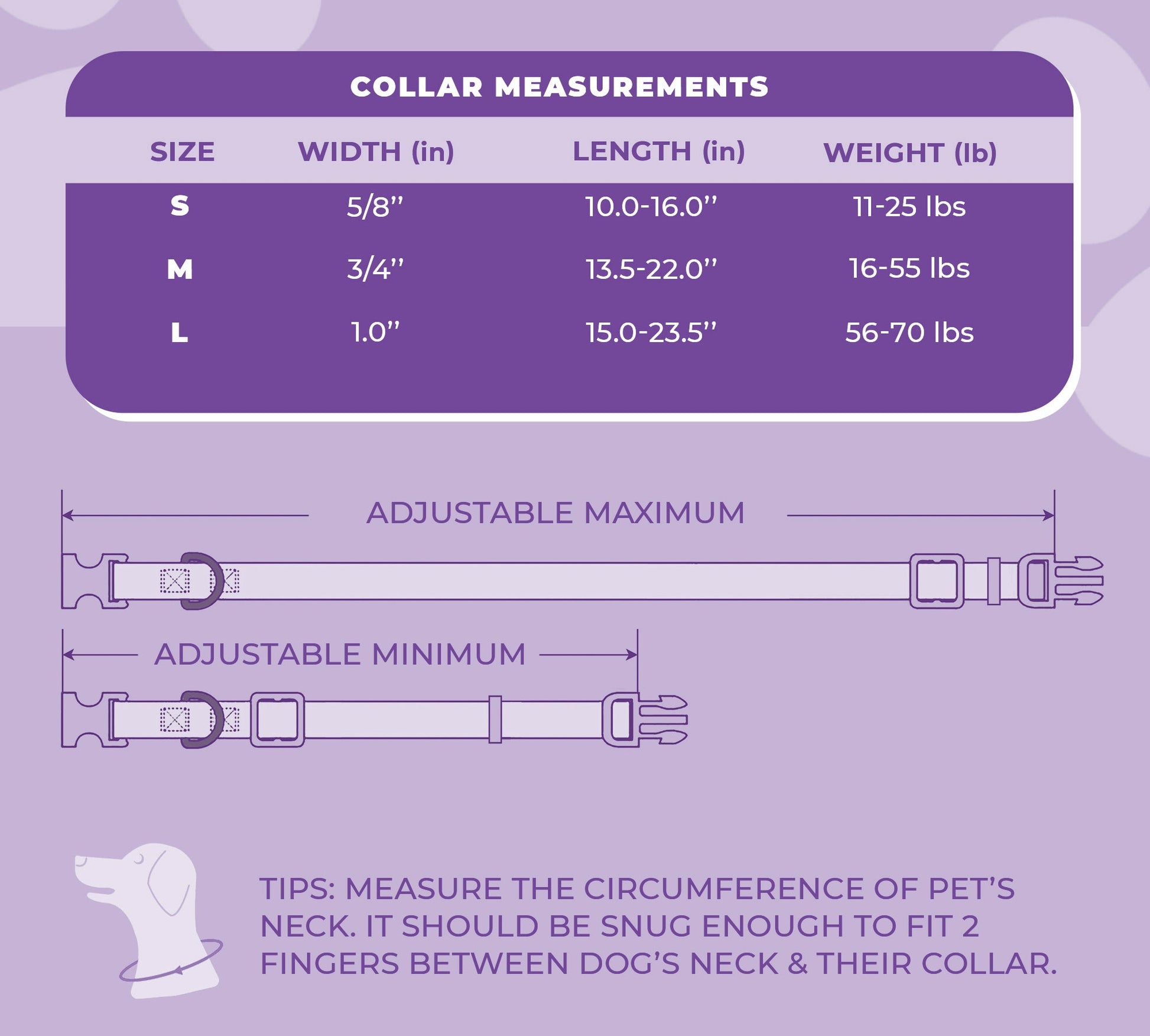 perri's pet products, dog collar, daisy purple, size chart