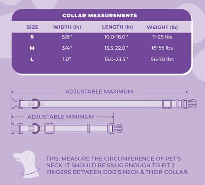 perri's pet products, dog collar, daisy purple, size chart