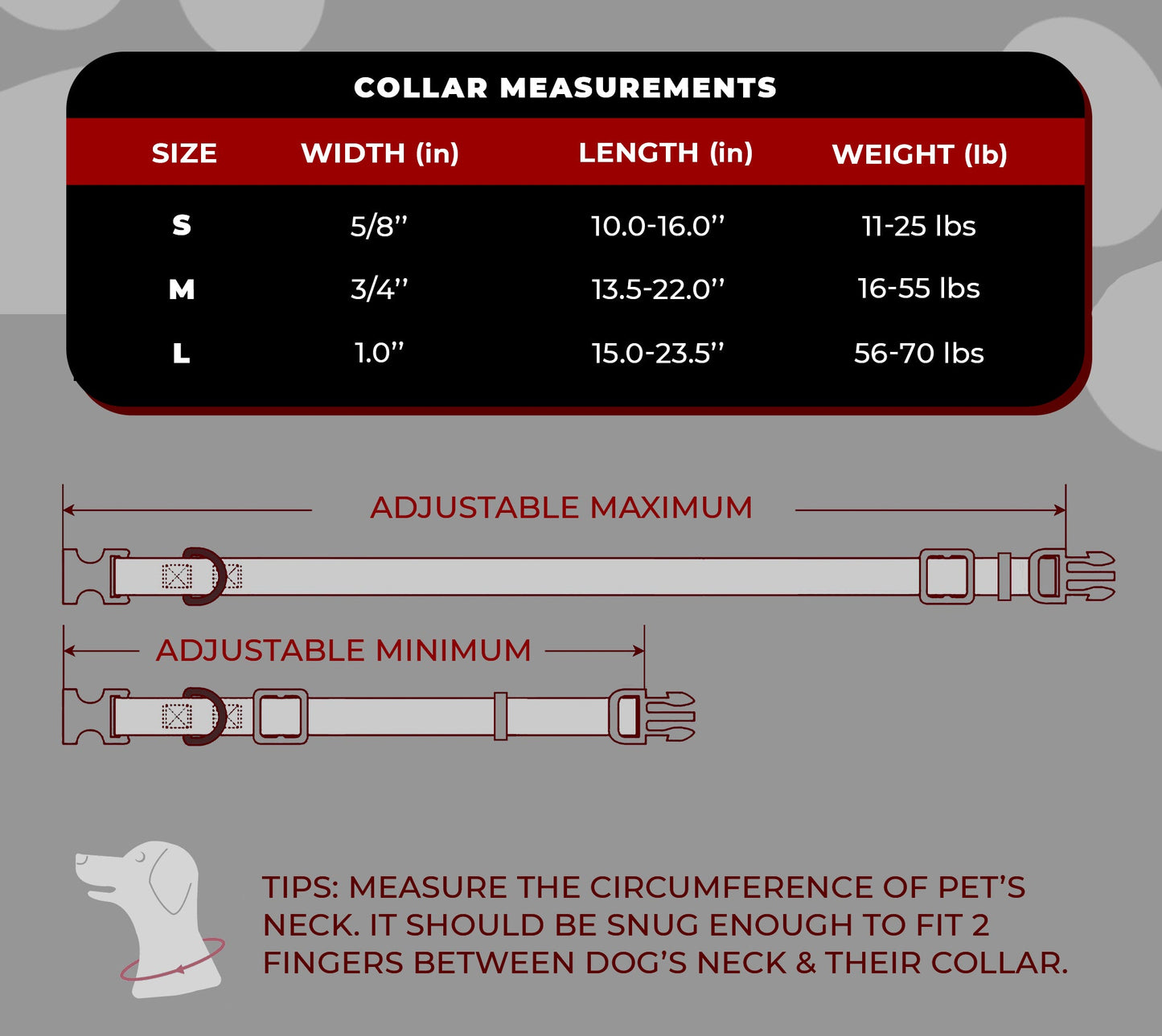 perri's pet products, dog collars, alchemy red/black skulls, size chart