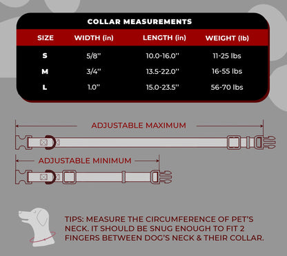 perri's pet products, dog collars, alchemy red/black skulls, size chart