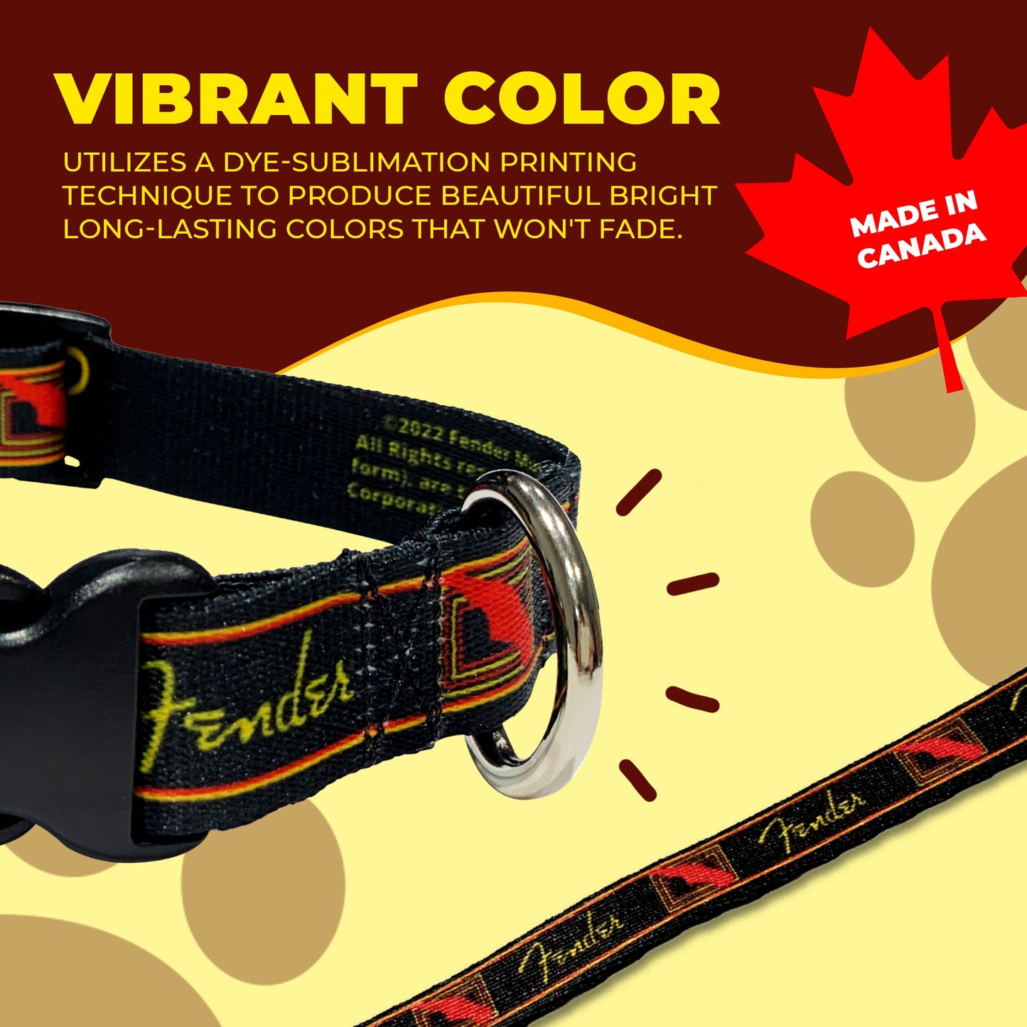 perri's pet products, dog collar, black, yellow and red Fender monogram