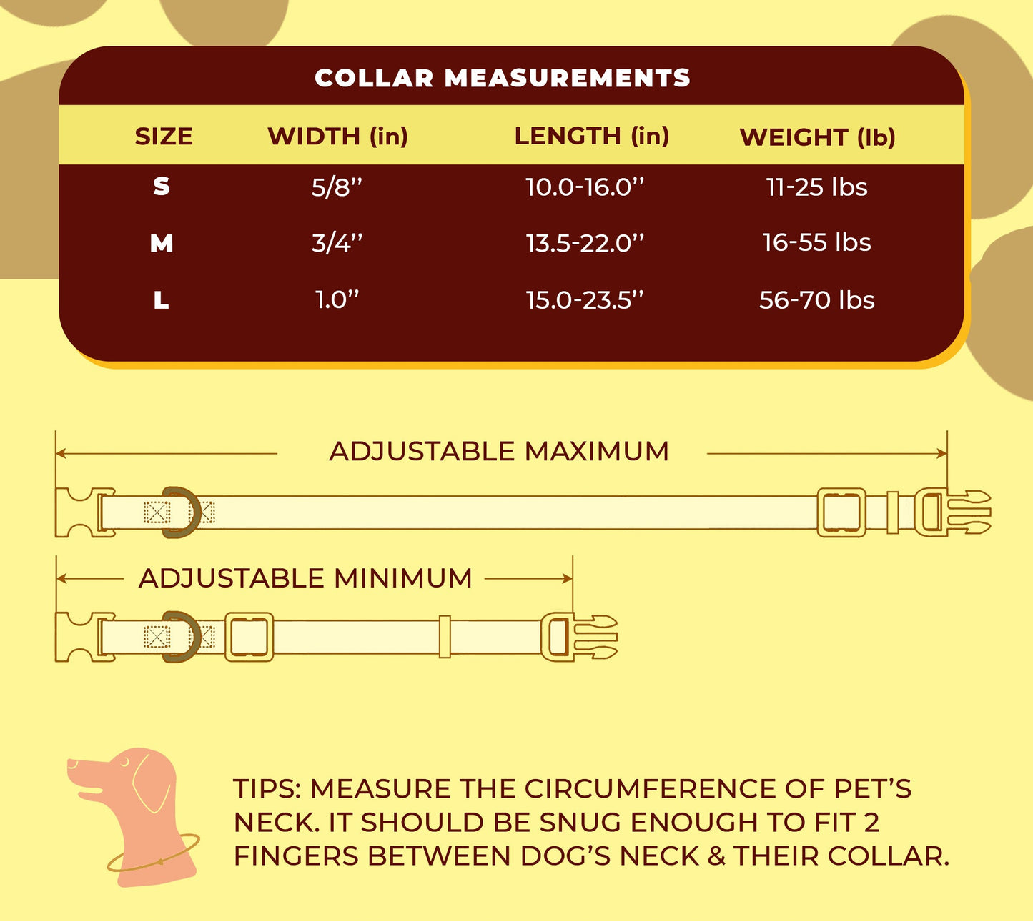 perri's pet products, dog collar, black, yellow and red Fender monogram, size chart