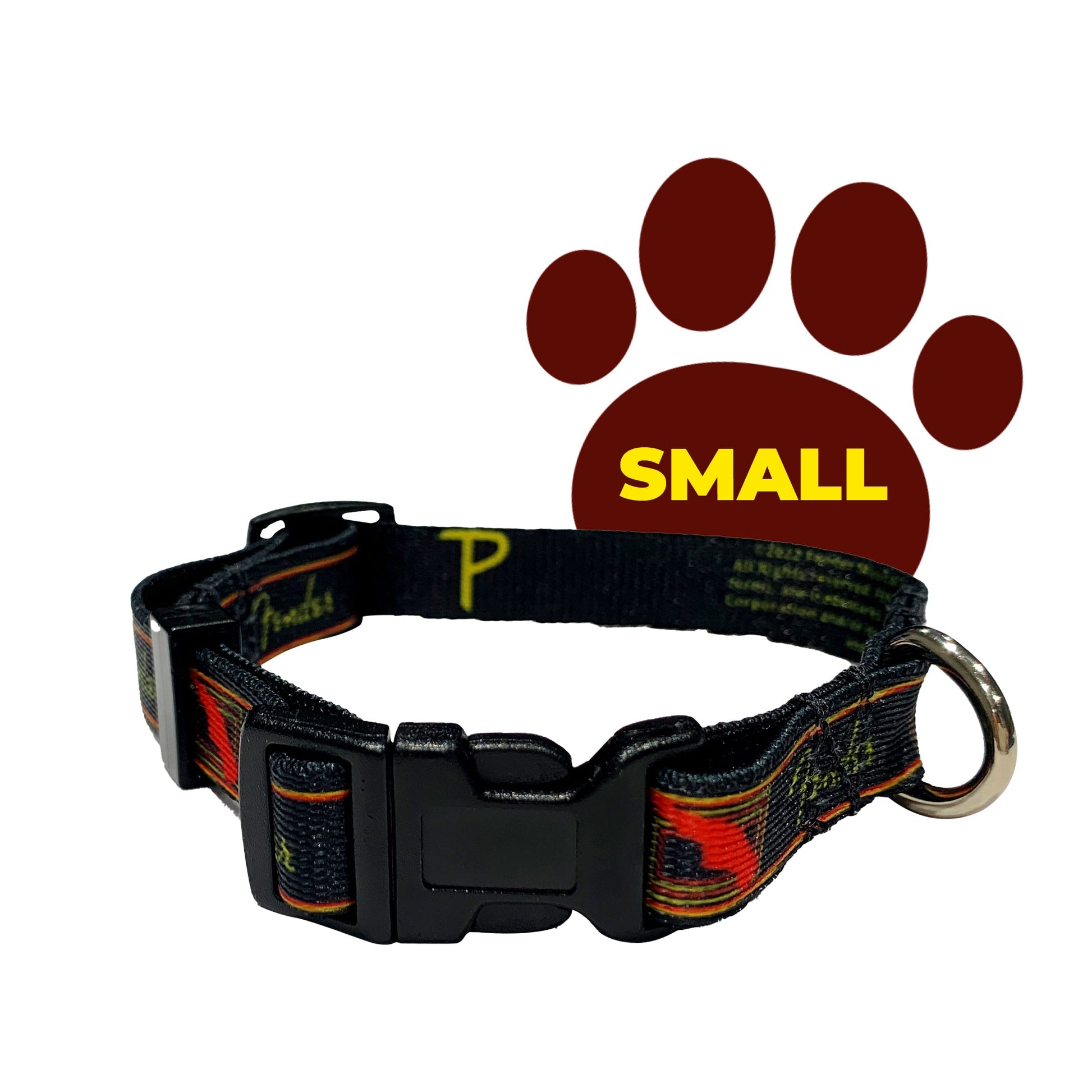 perri's pet products, dog collar, black, yellow and red Fender monogram