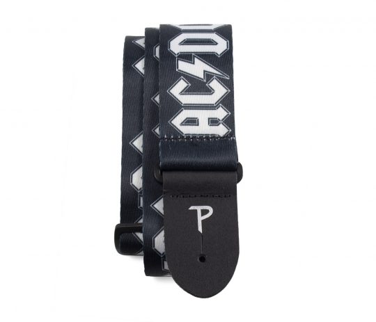 2” Official Licensing AC/DC White Logo On Black Heat Transfer Design on Polyester Webbing Guitar Strap.