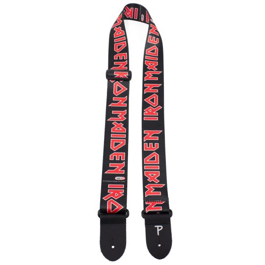2” Official Iron Maiden Logo Heat Transfer Design on Polyester Webbing Guitar Strap. Adjustable length 39” to 58”