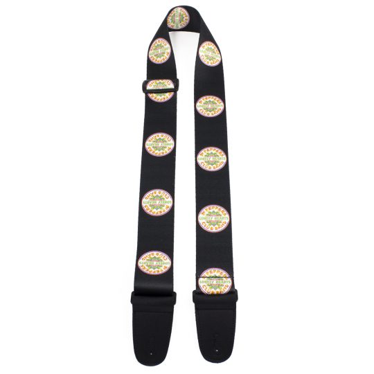 2” The Beatles Official Licensing Sgt Peppers Logo Heat Transfer Design on Polyester Webbing Guitar Strap. Adjustable length 39” to 58”