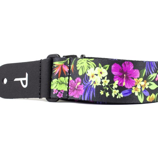 1.5” wide Multi Colored Luau Floral Heat Transfer Design on Polyester Webbing and Genuine Leather Ends. Adjustable Length 23” to 38”