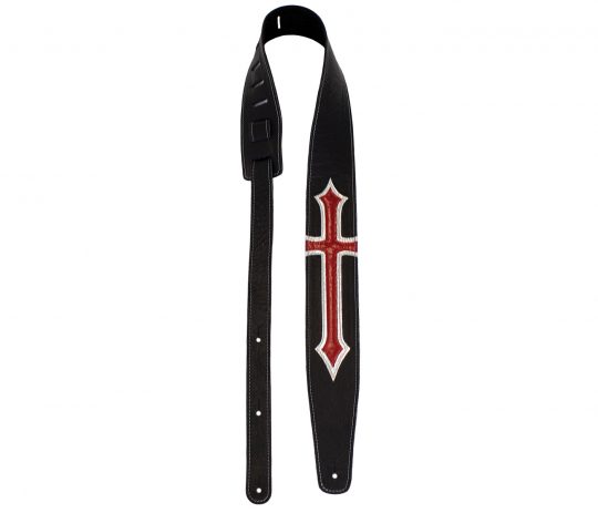 2.5” Black Leather with Red and Silver Cross Inlay Guitar Strap