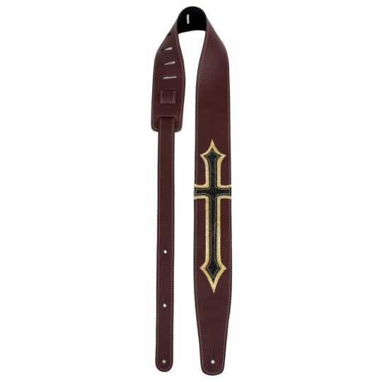 2.5” Brown Leather with Black and Gold Cross Inlay Guitar Strap