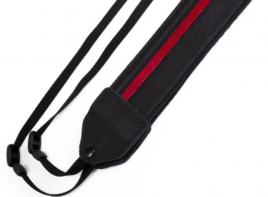 Black / red racing stripe leather camera strap.