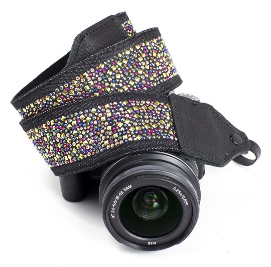 Multi-colour rhinestone jacquard camera strap.