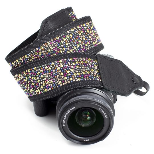 Multi-colour rhinestone jacquard camera strap.