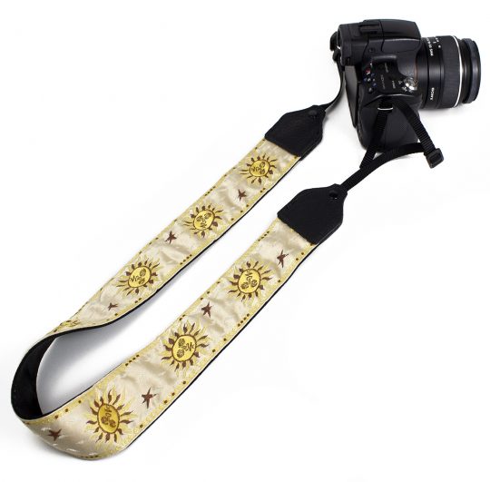 Cream / yellow sun jacquard camera strap.