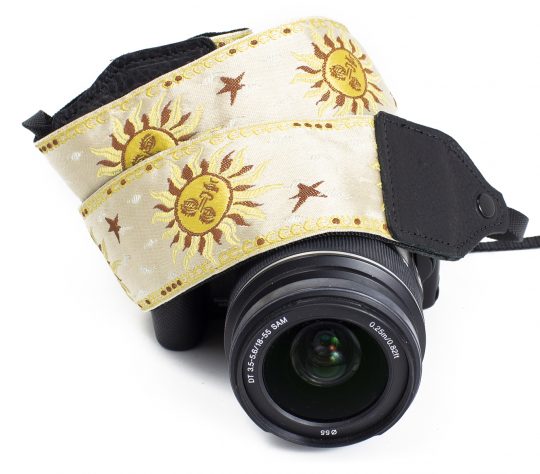 Cream / yellow sun jacquard camera strap.