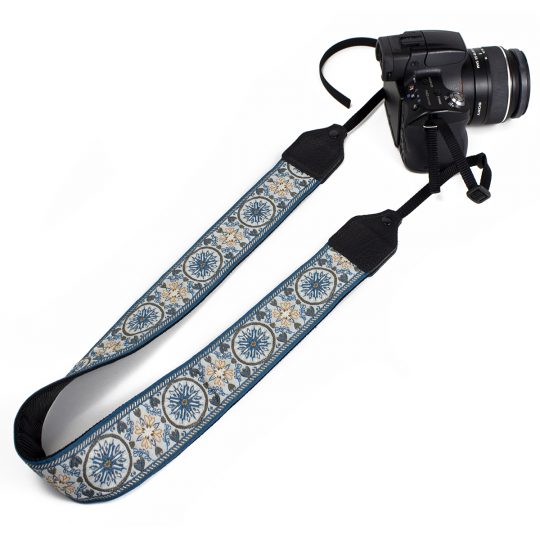 Blue floral medallion jacquard camera strap.