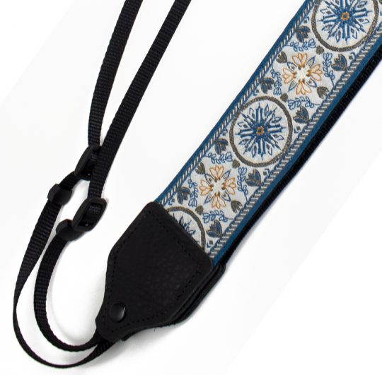 Blue floral medallion jacquard camera strap.