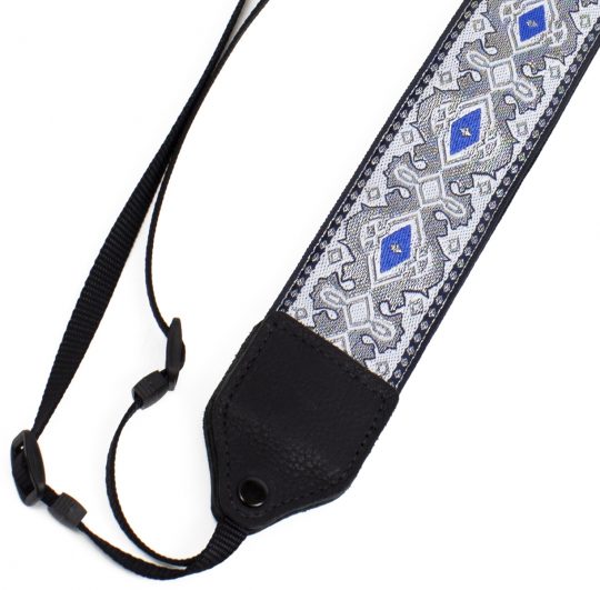 Silver / blue diamond jacquard camera strap.