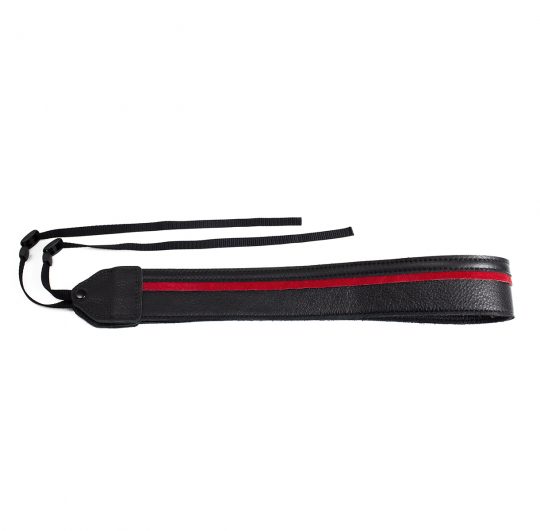 Black / red racing stripe leather camera strap.