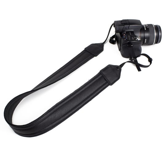 Black piped leather stitch camera strap.