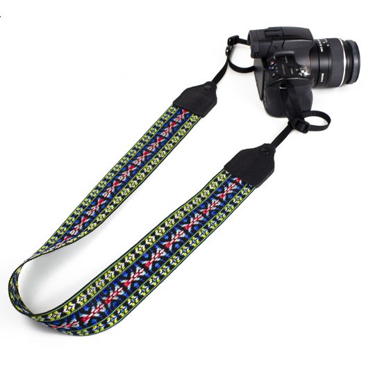 Blue / yellow hootenanny nylon camera strap.