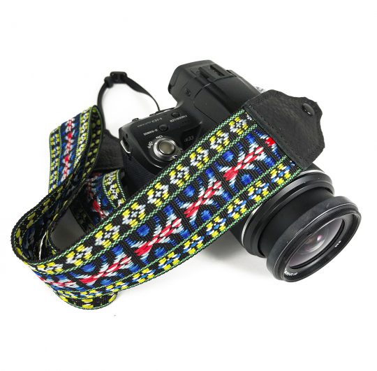 Blue / yellow hootenanny nylon camera strap.