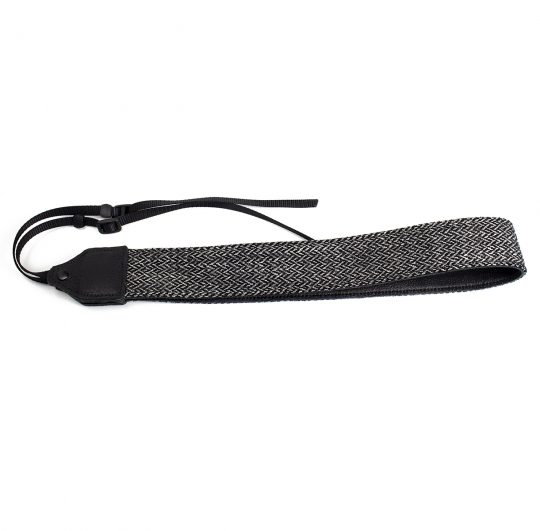 Gray tweed herringbone wool camera strap.