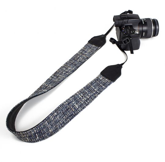 Blue tweed wool camera strap.