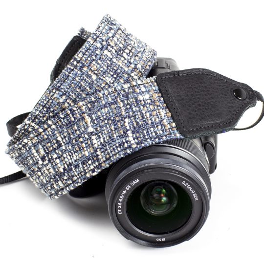 Blue tweed wool camera strap.